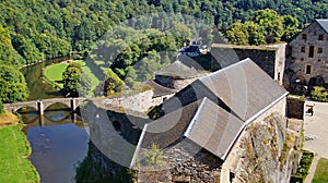 Bouillon Belgium. View of the Semois River and the old bridge from the walls of a medieval, fortified, Bouillon castle in Belgium.