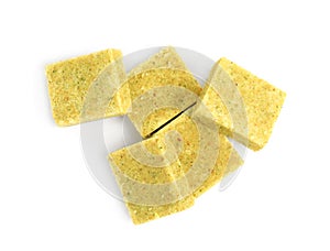 Bouillon cubes on white background, top view