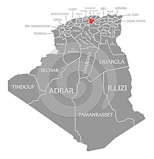 Bouira red highlighted in map of Algeria