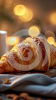 Boulangerie delight Croissant, cup on table against bokeh breakfast backdrop