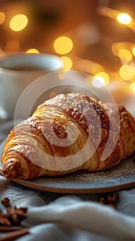 Boulangerie delight Croissant, cup on table against bokeh breakfast backdrop