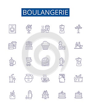 Boulangerie line icons signs set. Design collection of Bakery, Patisserie, Bread, Croissant, Cookies, Viennoiserie, Cake