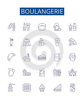 Boulangerie line icons signs set. Design collection of Bakery, Patisserie, Bread, Croissant, Cookies, Viennoiserie, Cake