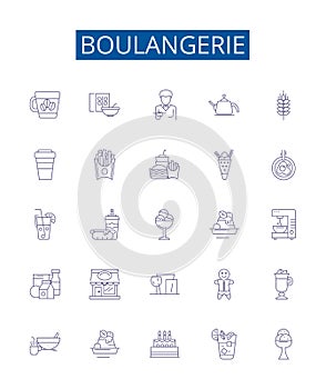 Boulangerie line icons signs set. Design collection of Bakery, Patisserie, Bread, Croissant, Cookies, Viennoiserie, Cake