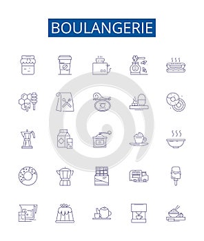 Boulangerie line icons signs set. Design collection of Bakery, Patisserie, Bread, Croissant, Cookies, Viennoiserie, Cake