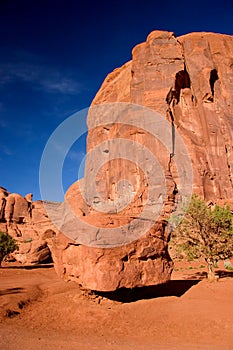 Boulder balancing on sand pile. Monument Valley in the Navajo Tribal Park