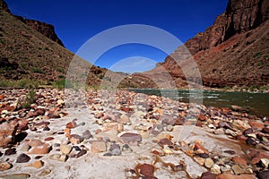Boulder beach at Hance Rapids in the Grand Canyon.