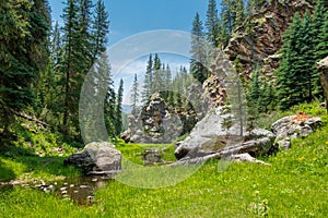 Boulder formations block the Hidden Valley Trail at the Valles Caldera NM