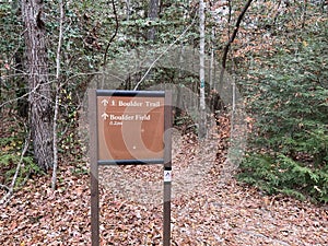 Boulder Trail sign Lilly Boulder Field in The Nature Conservancy's Stone Preserve