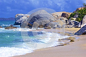 Boulders and beach in The Baths in Virgin Gorda, Caribbean