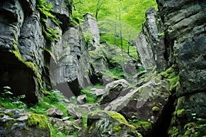 boulders at the bottom of a steep cliff