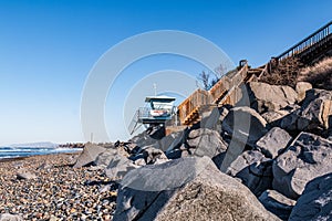Boulders, Lifeguard Tower, and Staircase at South Carlsbad State Beach