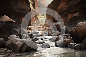 boulders, rock formations and rushing water in a canyon