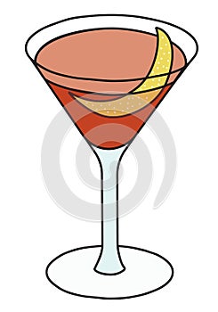 Boulevardier classic IBA listed cocktail in martini glass. An elegant red drink garnished with orange zest. Stylish hand