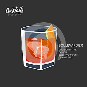 Boulevardier cocktail recipe classic drink bourbon vector illustration