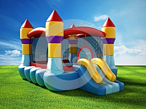 Bounce house standing on green grass. 3D illustration