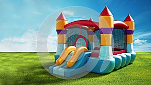 Bounce house standing on green grass. 3D illustration