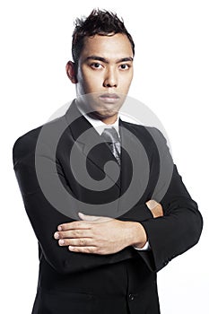 Bouncer, fierce-looking asian in business suit