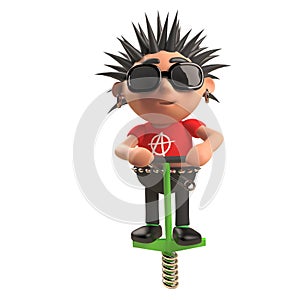 Bouncing punk rocker transports himself on a pogo stick, 3d illustration