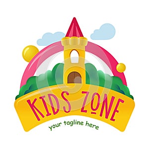 Bouncy castle cartoon logo. Kids zone concept. Children Playground sign