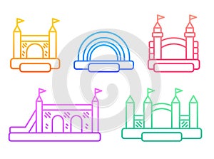 Bouncy castle gradient outline icons. Jumping inflatable houses on kids playground. Set of vector logos EPS 10