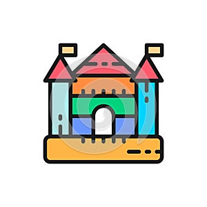 Bouncy castle for playground, kids entertainment complex flat color line icon.