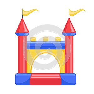 Bouncy inflatable castle. Tower and equipment for child playground. Vector line illustration