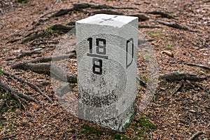 Boundary marker border stone in forest border, mountains