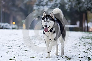 Bounding through a snowy park, an adult Siberian Husky frolics joyfully photo