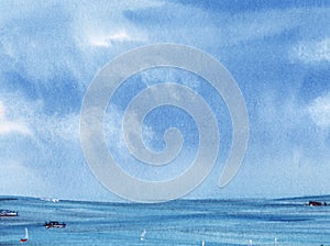 The boundless blue sea, stretching into the horizon, under the azure sky. Hand-drawn watercolor illustration