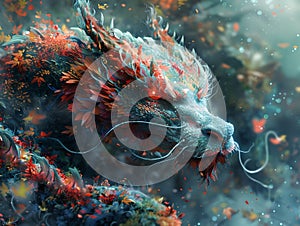 Boundless Imagination: Dragon with Fiery Eye and Floral Fur, Defying Conventional Realms (AI-Generated)