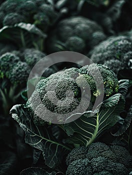 A bountiful arrangement of lush, deeply-hued broccoli florets and leaves, creating a harmonious, verdant composition