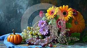 Bountiful Autumn Elegance: A Captivating Tabletop Still Life with Bouquet, Grapes, and Pumpkin
