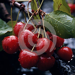A Bountiful Cluster of Ripe Red Cherries on the Cherry Tree