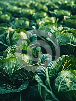 A bountiful display of verdant cabbage leaves, their intricate veining and glistening water droplets creating a