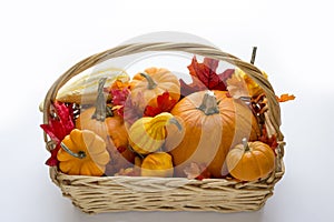 Fall basket overflowing with pumpkins, gourds & fall leaves