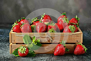 Bountiful harvest overflowing wooden crate of fresh ruby red strawberries in lush garden setting