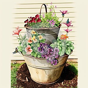 Bountiful Spring: Beautiful Container Gardens Overflowing with Flowers AI Generated