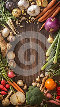 Bountiful table colorful mix of carrot, garlic, kohlrabi, onion, and more