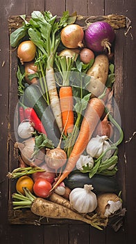 Bountiful table colorful mix of carrot, garlic, kohlrabi, onion, and more