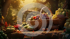 Bountiful Thanksgiving Cornucopia: Abundant Basket Overflowing with Seasonal Harvest Treasures