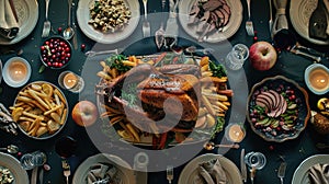 A bountiful Thanksgiving table is set with a roasted turkey, all the traditional sides, and plenty of candles. AIG51A