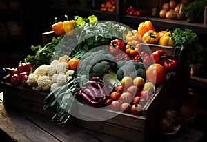 A Bounty of Freshness: A Wooden Crate Overflowing with an Assortment of Colorful, Nutritious, and Delicious Vegetables