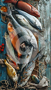 Bounty of the Sea: Diverse Catch Display of Fish on Rustic Wooden Table for Culinary Inspiration photo