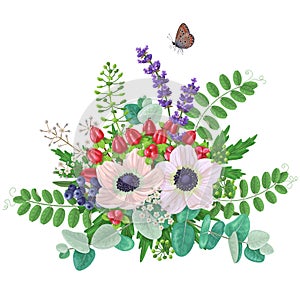 Bouquet of anemones and flying butterfly photo