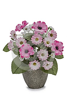 Bouquet of artificial flowers in vase isolated on a white