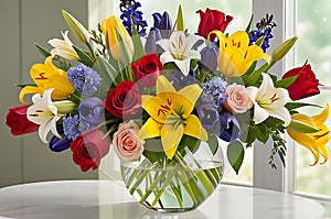 Bouquet of Assorted Flowers Including Red Roses, White Lilies, Purple Irises, and Yellow Tulips - Classic Elegance