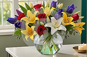 Bouquet of Assorted Flowers Including Red Roses, White Lilies, Purple Irises, and Yellow Tulips - Classic Elegance