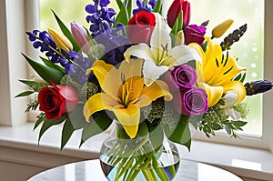 Bouquet of Assorted Flowers Including Red Roses, White Lilies, Purple Irises, and Yellow Tulips - Classic Elegance