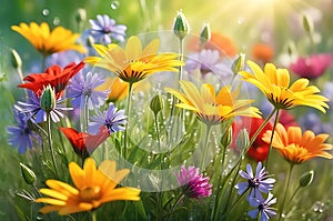 Bouquet of Assorted Vivid Wildflowers Occupying the Center of the Frame - Soft Focus Background of Abundance